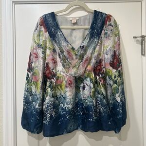 Sundance Women’s 100% Silk 3/4 Sleeve Blouse Floral Watercolor Blue Pink Sz S